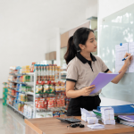 Pemilik minimarket sedang menyusun dokumen dan struk transaksi sebagai bagian dari administrasi penjualan harian agar data tetap akurat